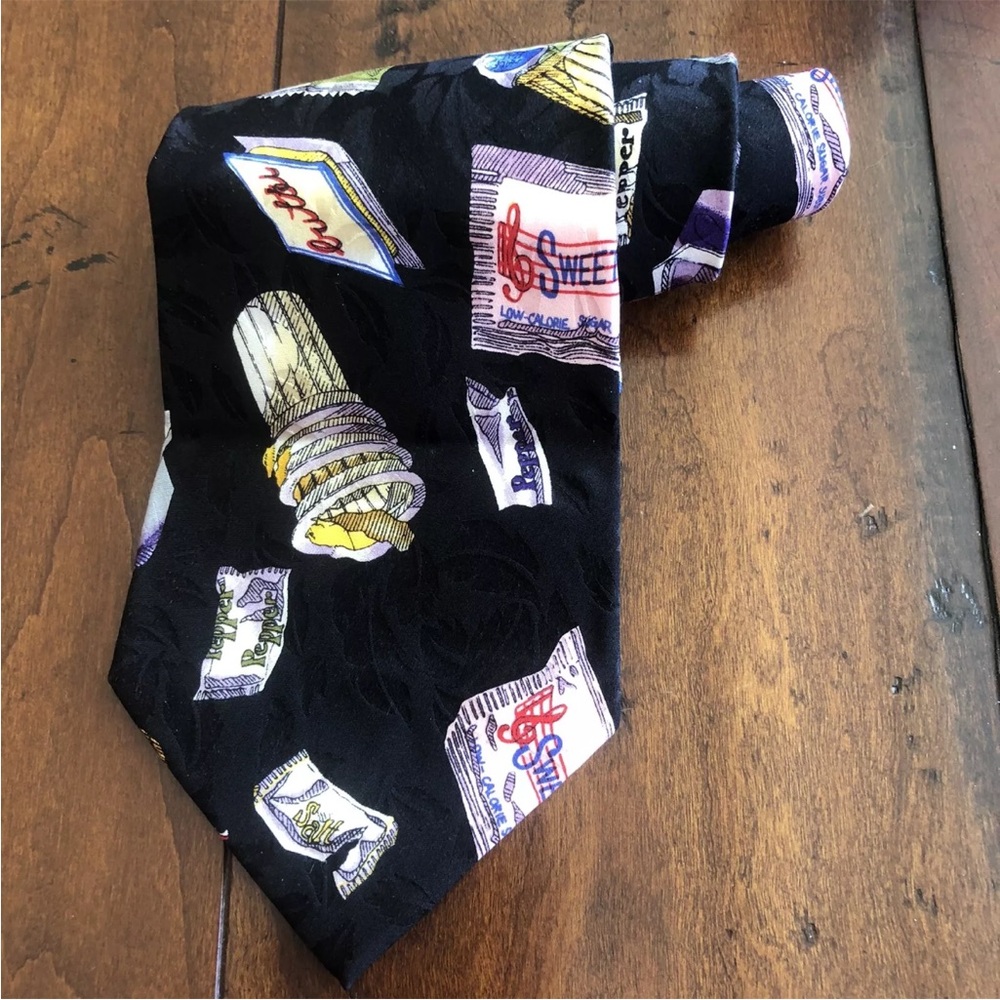 Nicole Miller Sweet & Low Relish Soy Sauce Condiment Silk Tie Vintage 90s 1993